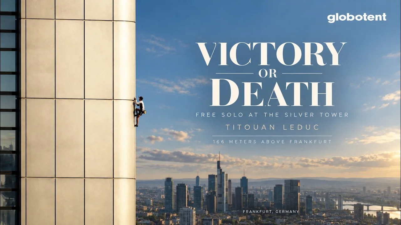 Cartel del documental Victory or Death: Titouan Leduc escalando la Silver Tower de Fráncfort